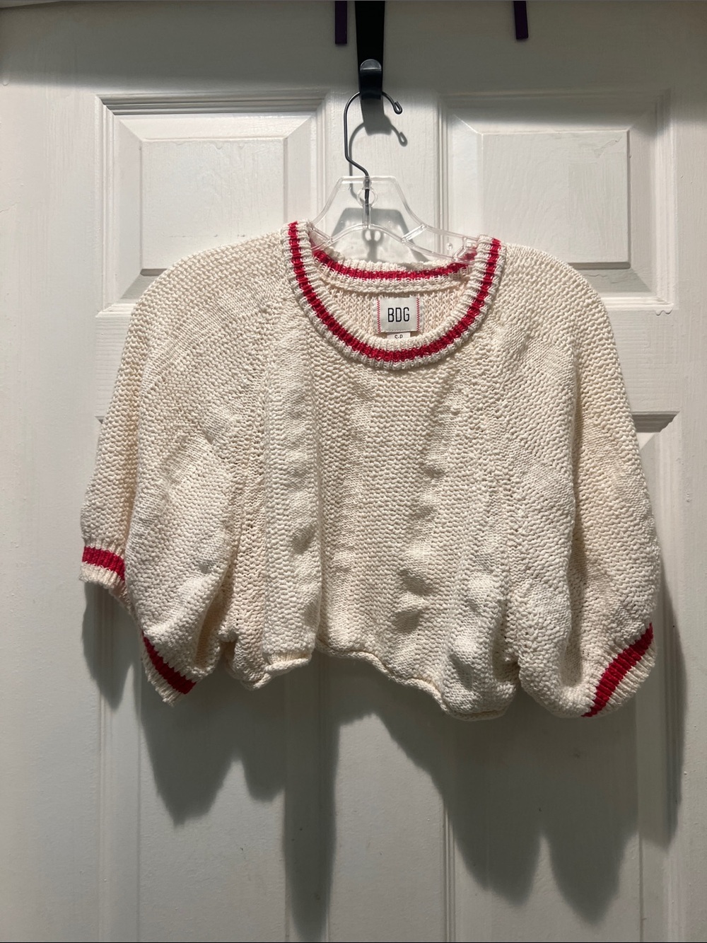 BDG Cream Cropped Crewneck Sweater with Red Trim